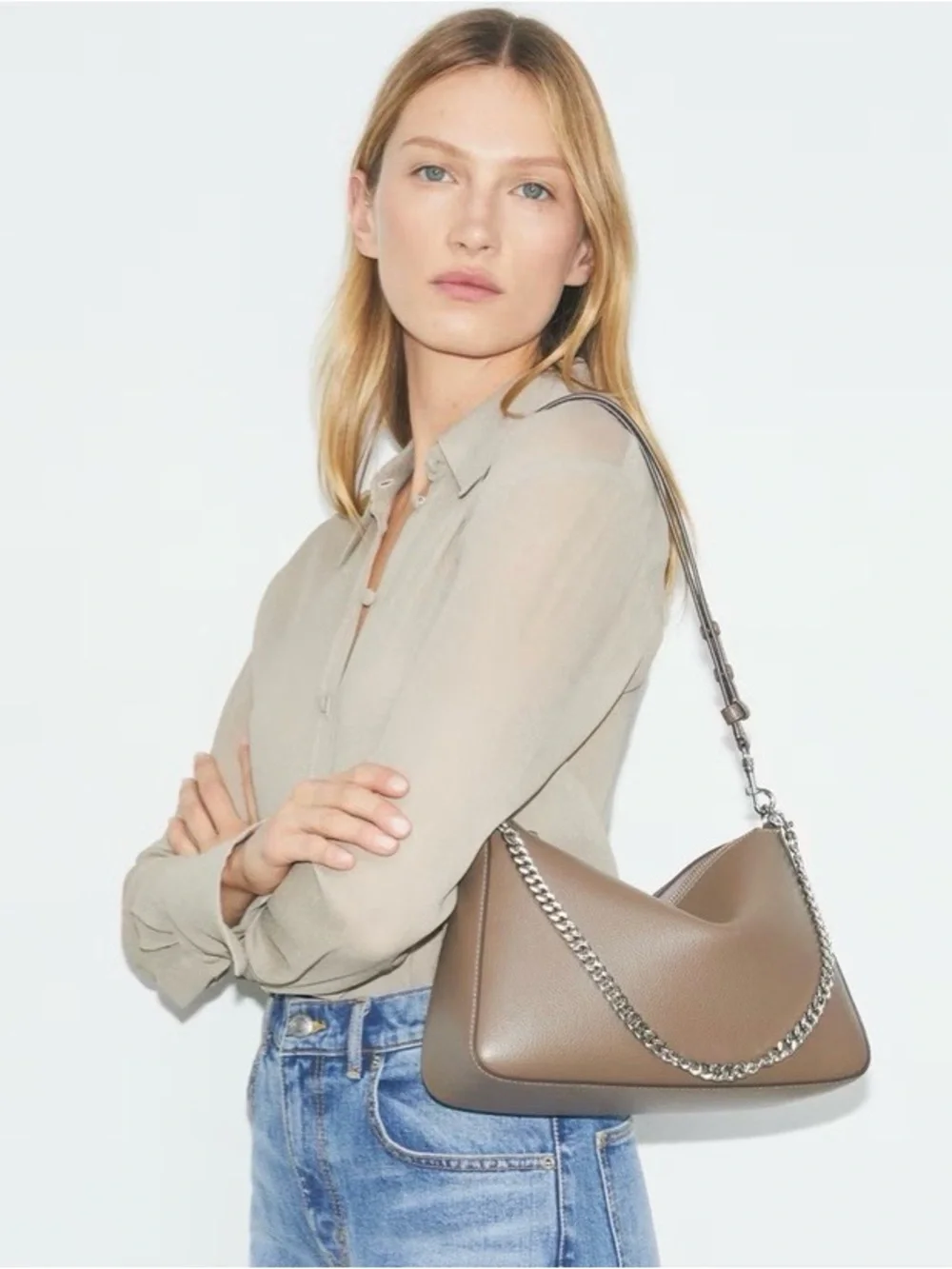 $400 NWT Tory Burch Perry Brown Tan Pebble Leather Gold Chain Strap Shoulder Bag